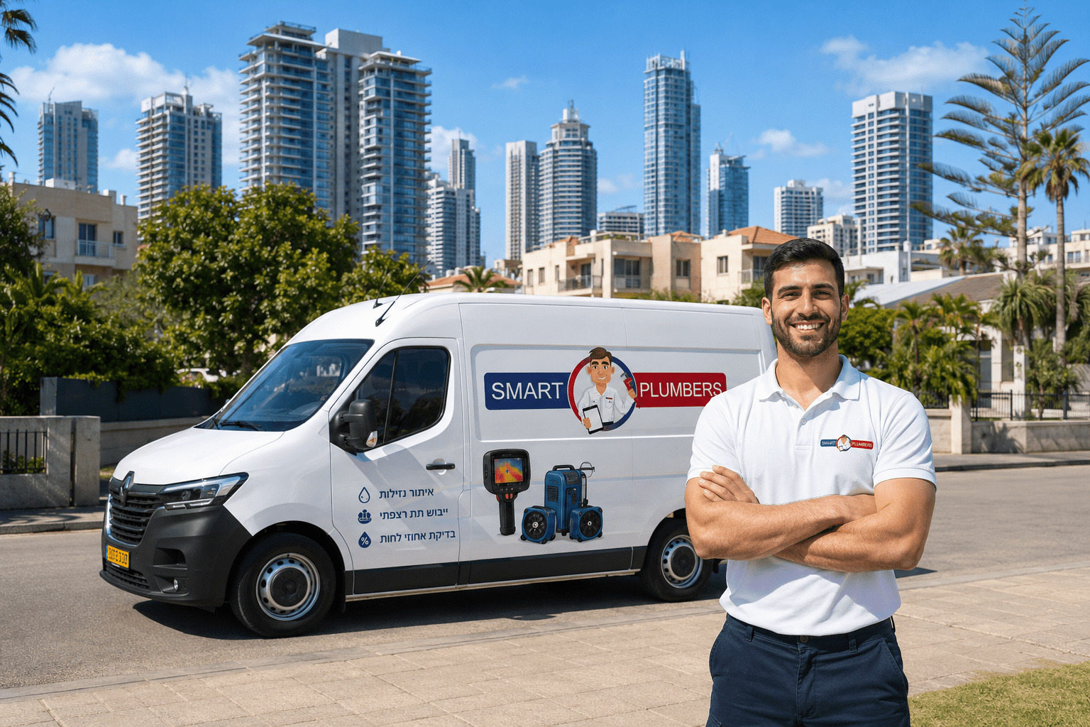 רכב השירות של SMART PLUMBERS ונציג החברה על רקע קו הרקיע של גוש דן — שירות בפריסה ארצית